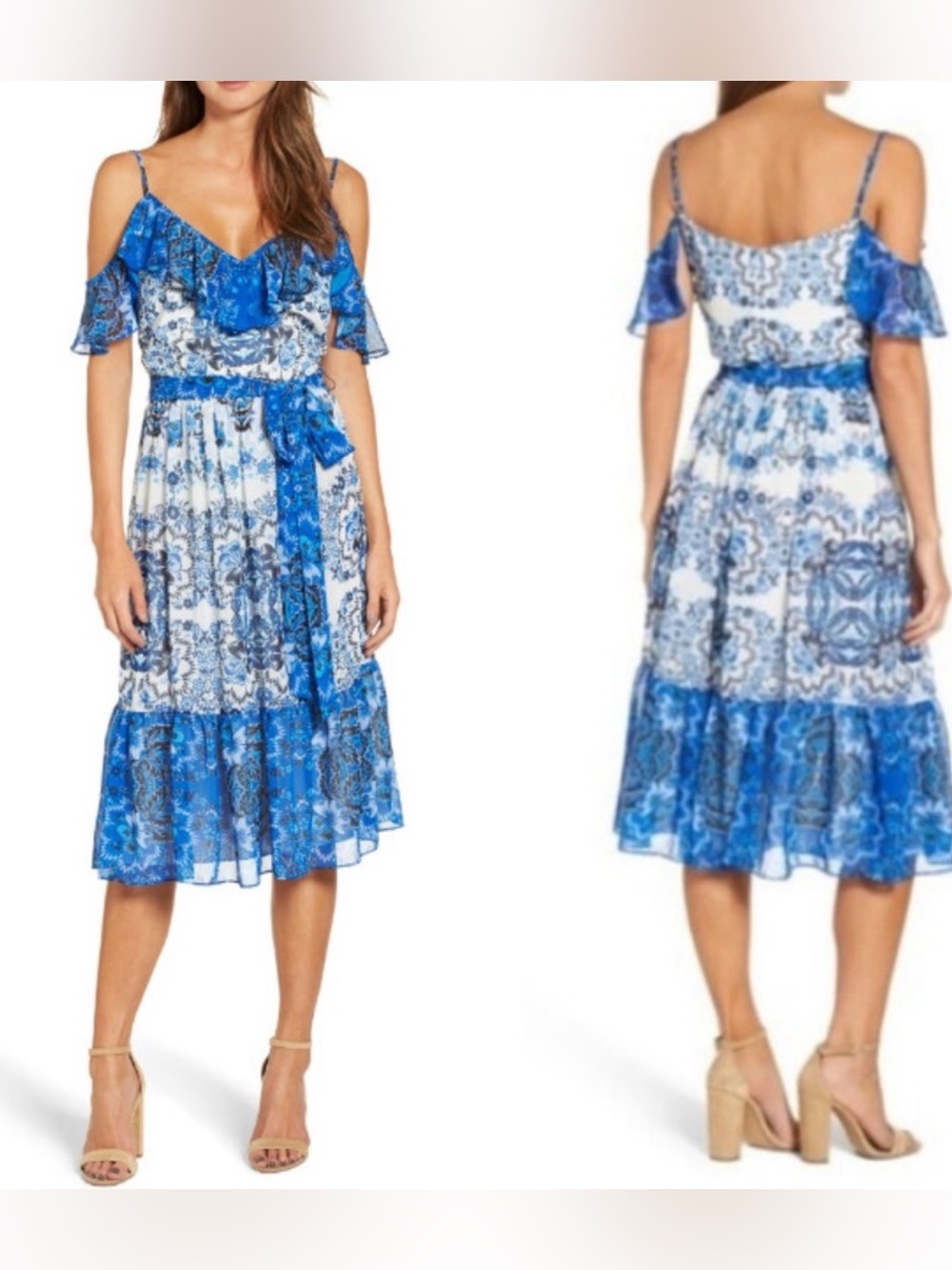 Eliza J Blue & White Cold-Shoulder Printed Midi Dress